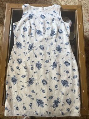 Classic Vintage Talbots Blue & White Rose Toile Sheath Dress Size 18 - Excellent